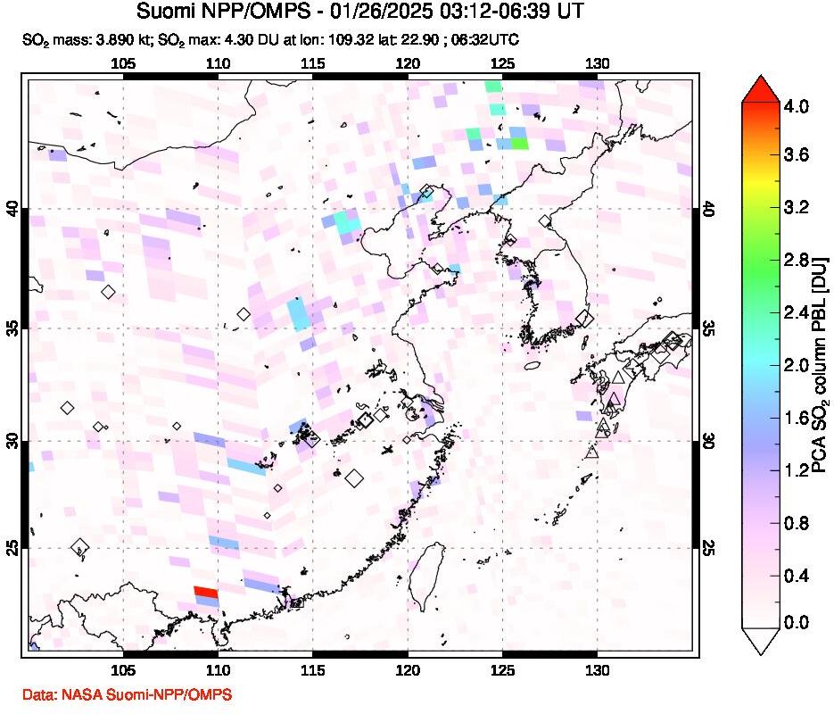 A sulfur dioxide image over Eastern China on Jan 26, 2025.