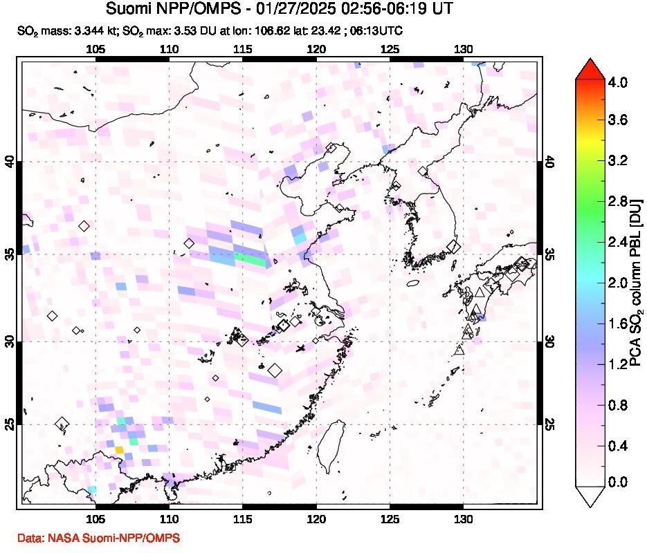 A sulfur dioxide image over Eastern China on Jan 27, 2025.