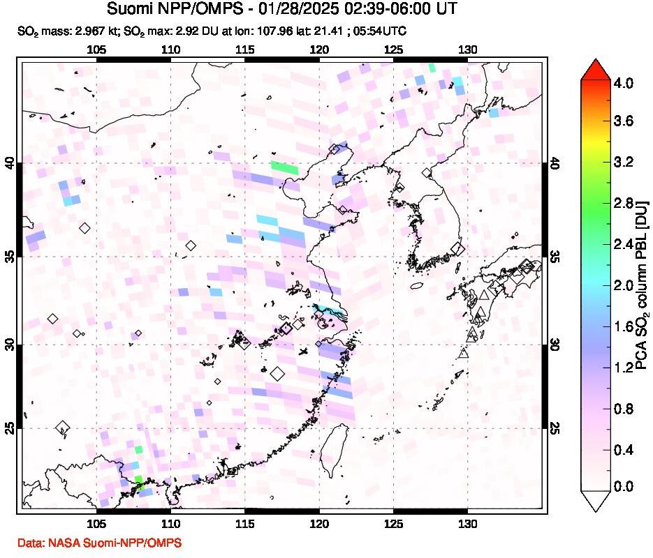 A sulfur dioxide image over Eastern China on Jan 28, 2025.