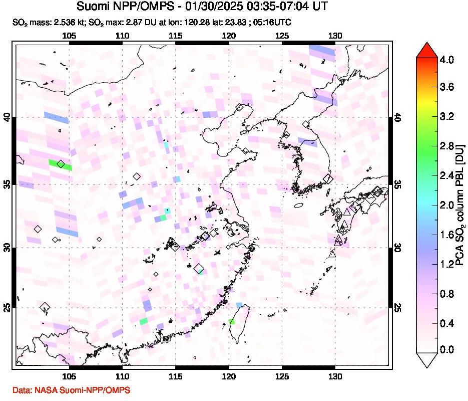 A sulfur dioxide image over Eastern China on Jan 30, 2025.