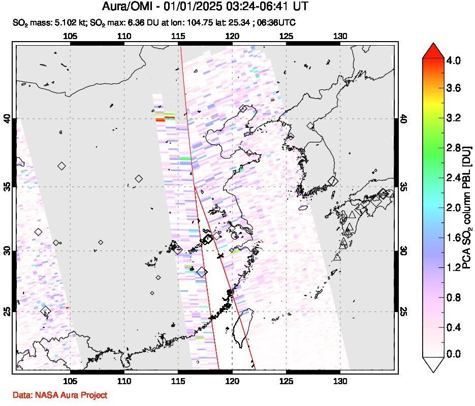 A sulfur dioxide image over Eastern China on Jan 01, 2025.