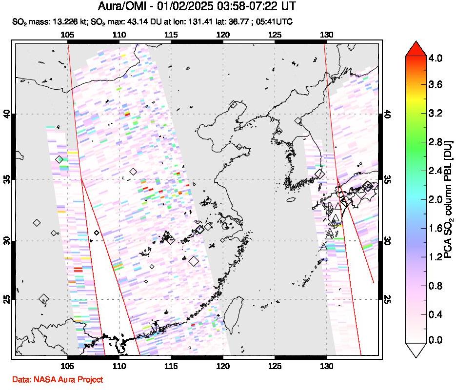 A sulfur dioxide image over Eastern China on Jan 02, 2025.