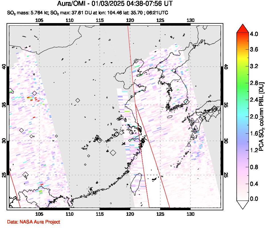 A sulfur dioxide image over Eastern China on Jan 03, 2025.