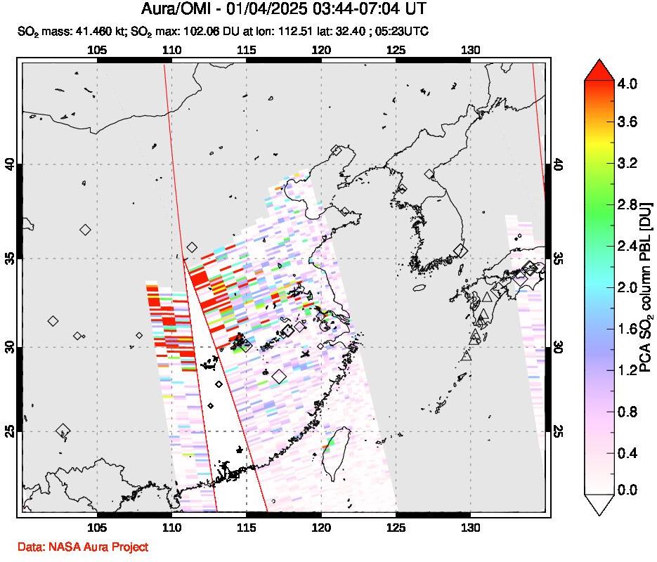 A sulfur dioxide image over Eastern China on Jan 04, 2025.