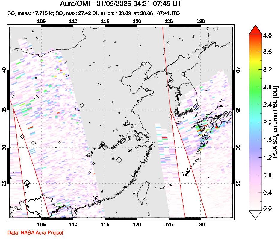 A sulfur dioxide image over Eastern China on Jan 05, 2025.