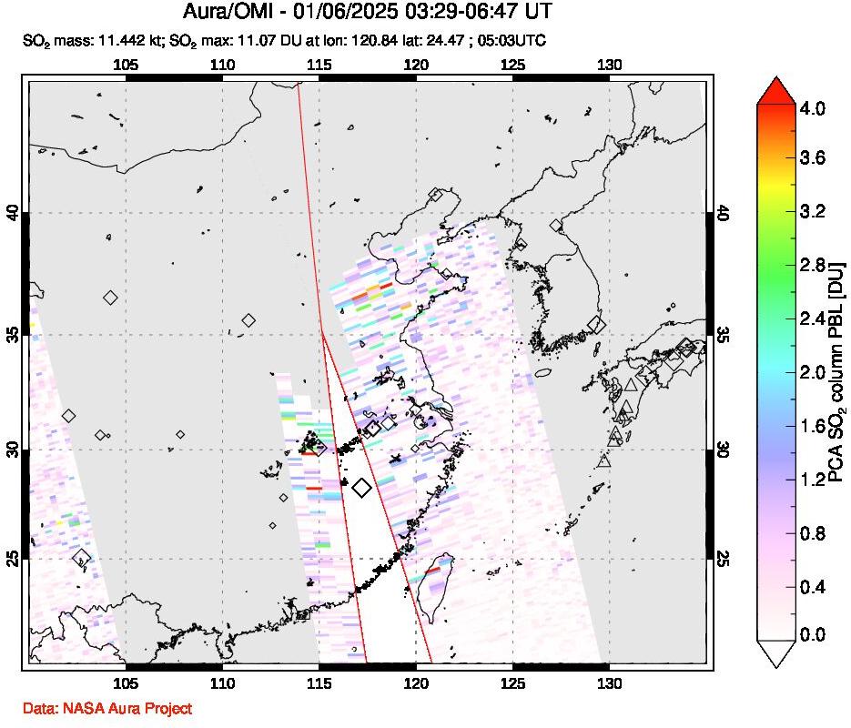 A sulfur dioxide image over Eastern China on Jan 06, 2025.