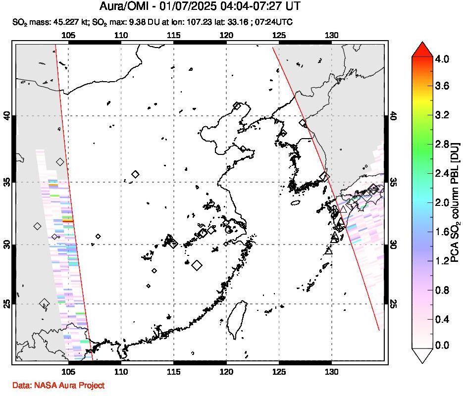 A sulfur dioxide image over Eastern China on Jan 07, 2025.