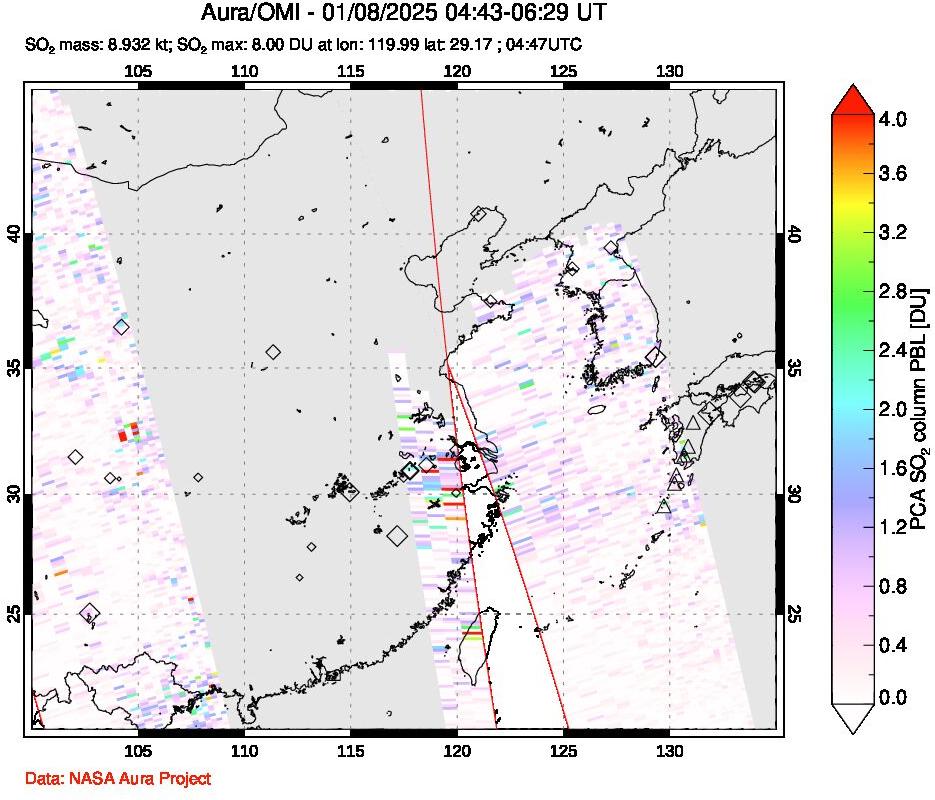 A sulfur dioxide image over Eastern China on Jan 08, 2025.