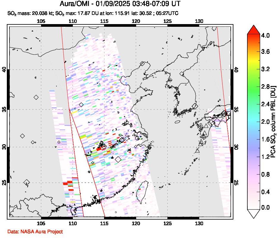 A sulfur dioxide image over Eastern China on Jan 09, 2025.