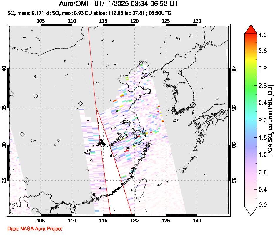 A sulfur dioxide image over Eastern China on Jan 11, 2025.