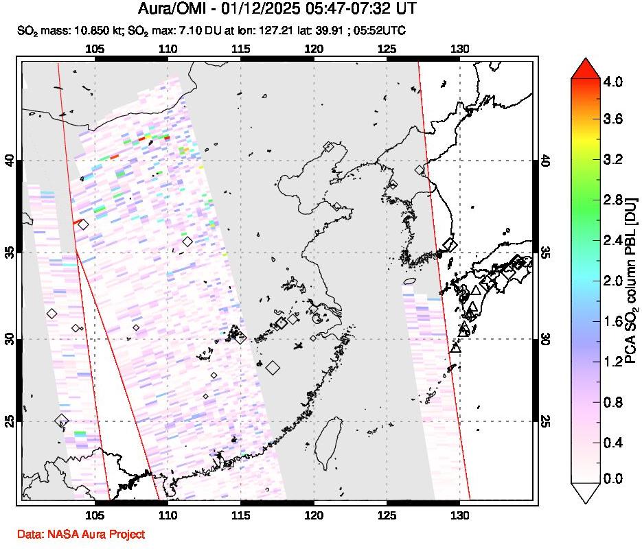 A sulfur dioxide image over Eastern China on Jan 12, 2025.