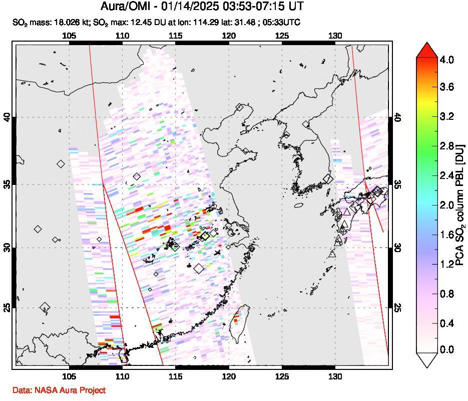 A sulfur dioxide image over Eastern China on Jan 14, 2025.