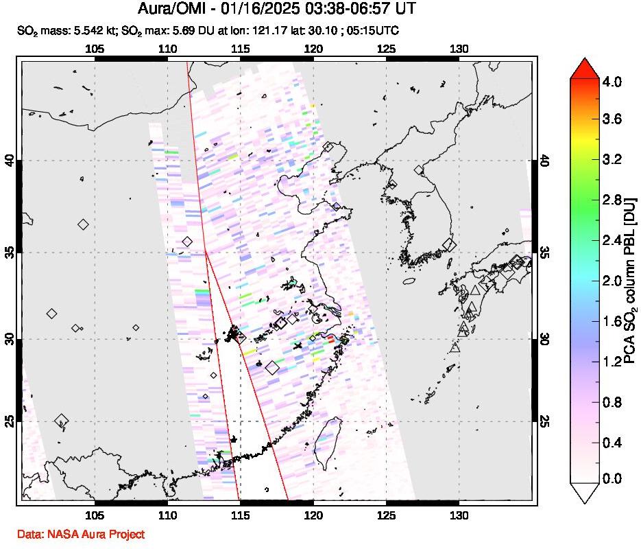 A sulfur dioxide image over Eastern China on Jan 16, 2025.