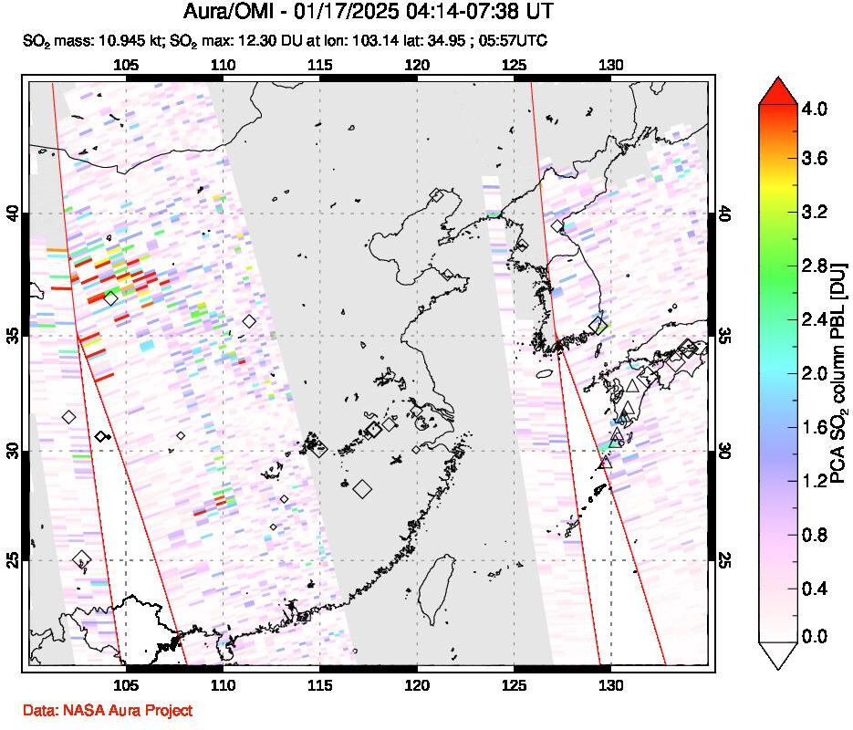 A sulfur dioxide image over Eastern China on Jan 17, 2025.