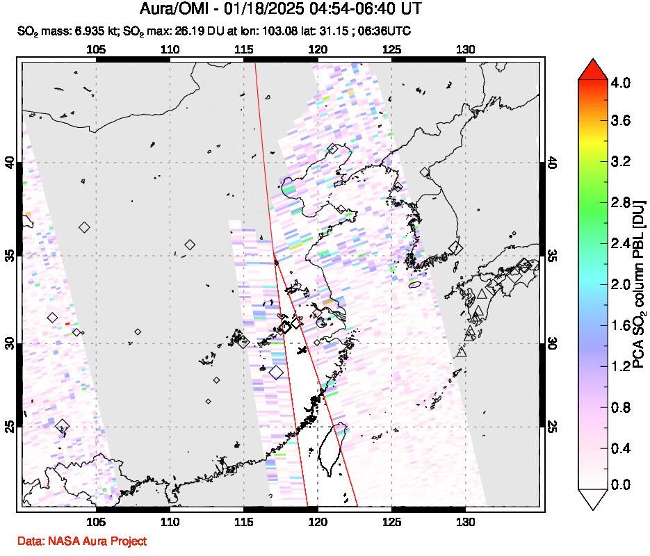 A sulfur dioxide image over Eastern China on Jan 18, 2025.