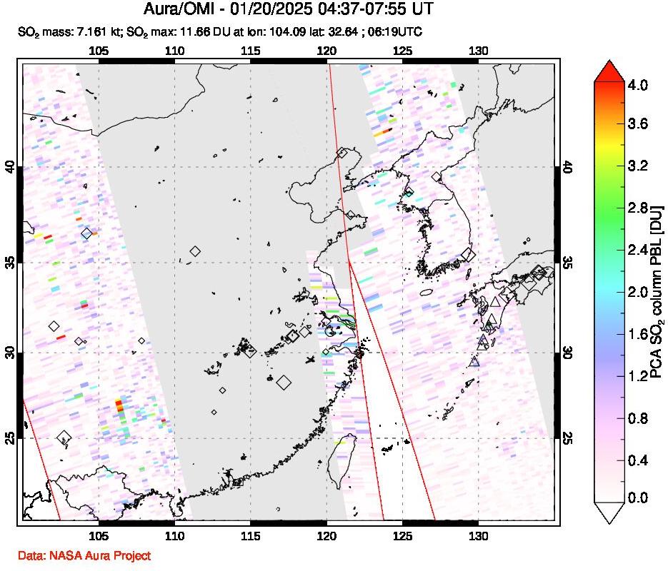 A sulfur dioxide image over Eastern China on Jan 20, 2025.