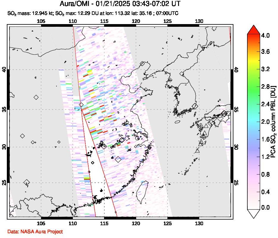 A sulfur dioxide image over Eastern China on Jan 21, 2025.