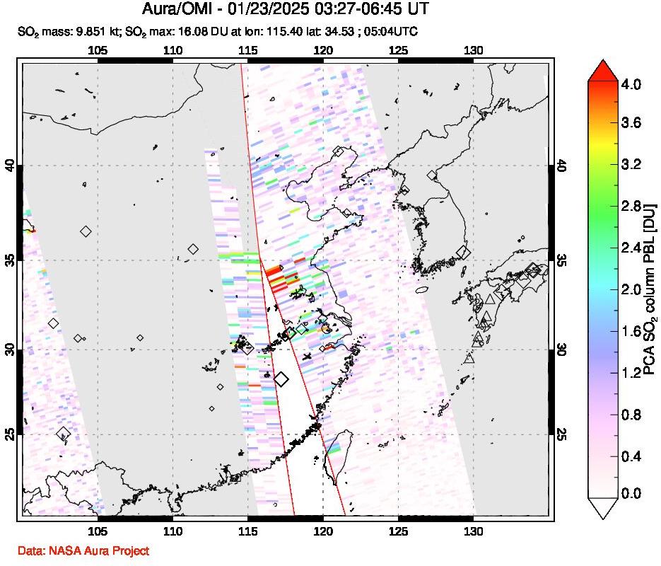 A sulfur dioxide image over Eastern China on Jan 23, 2025.