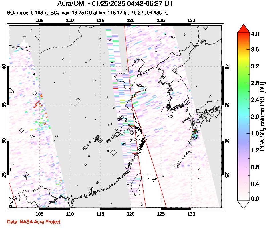 A sulfur dioxide image over Eastern China on Jan 25, 2025.