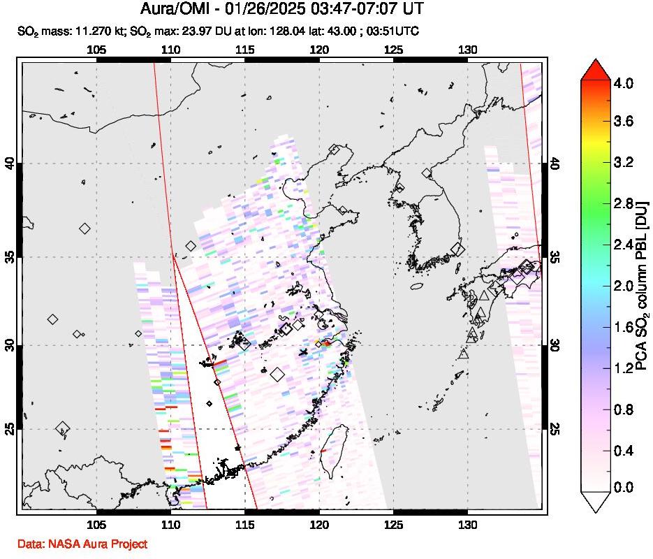 A sulfur dioxide image over Eastern China on Jan 26, 2025.