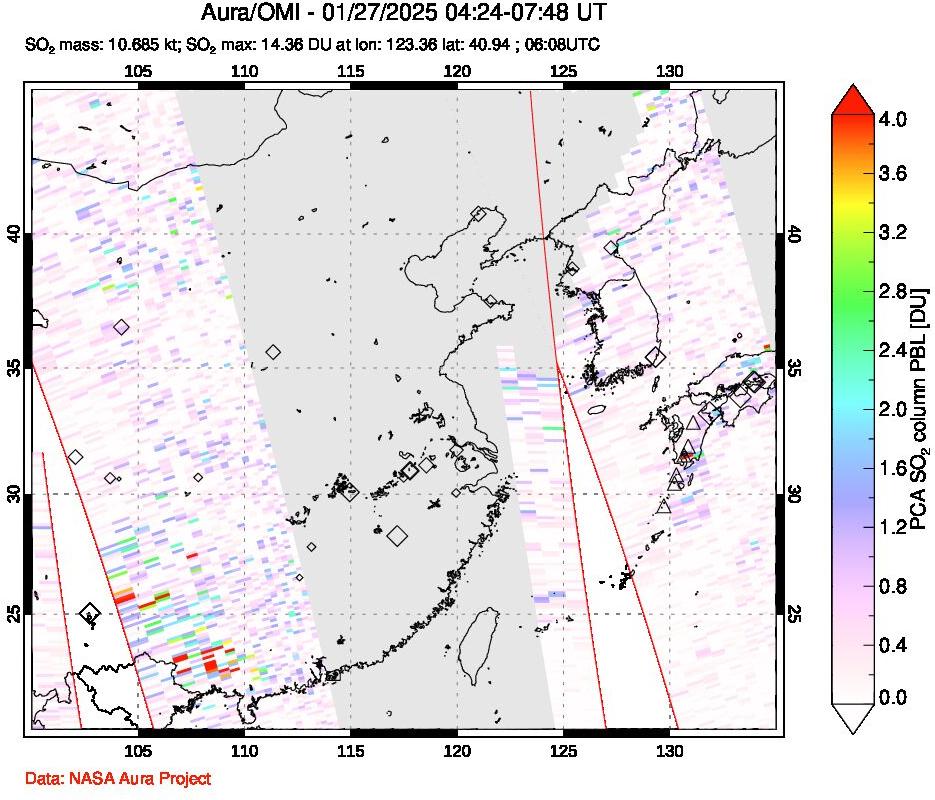 A sulfur dioxide image over Eastern China on Jan 27, 2025.