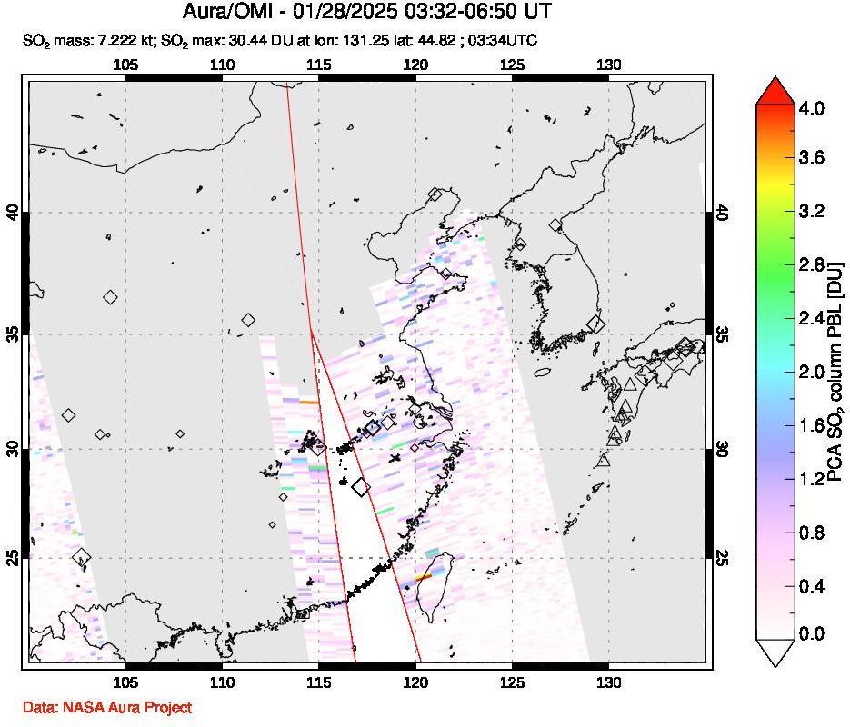 A sulfur dioxide image over Eastern China on Jan 28, 2025.