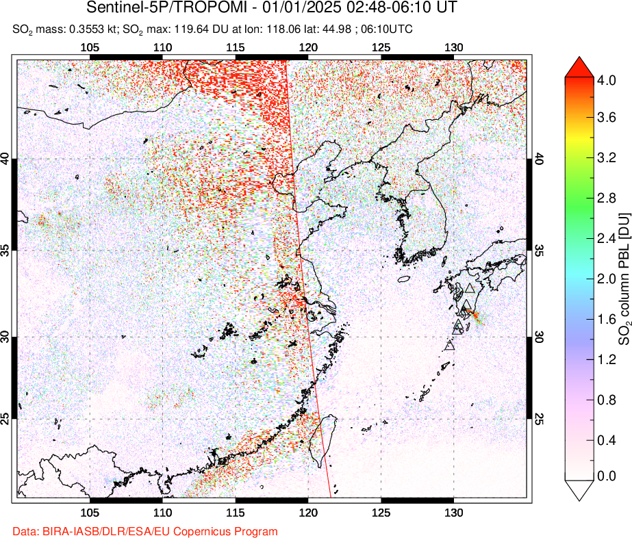 A sulfur dioxide image over Eastern China on Jan 01, 2025.