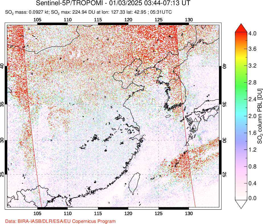 A sulfur dioxide image over Eastern China on Jan 03, 2025.