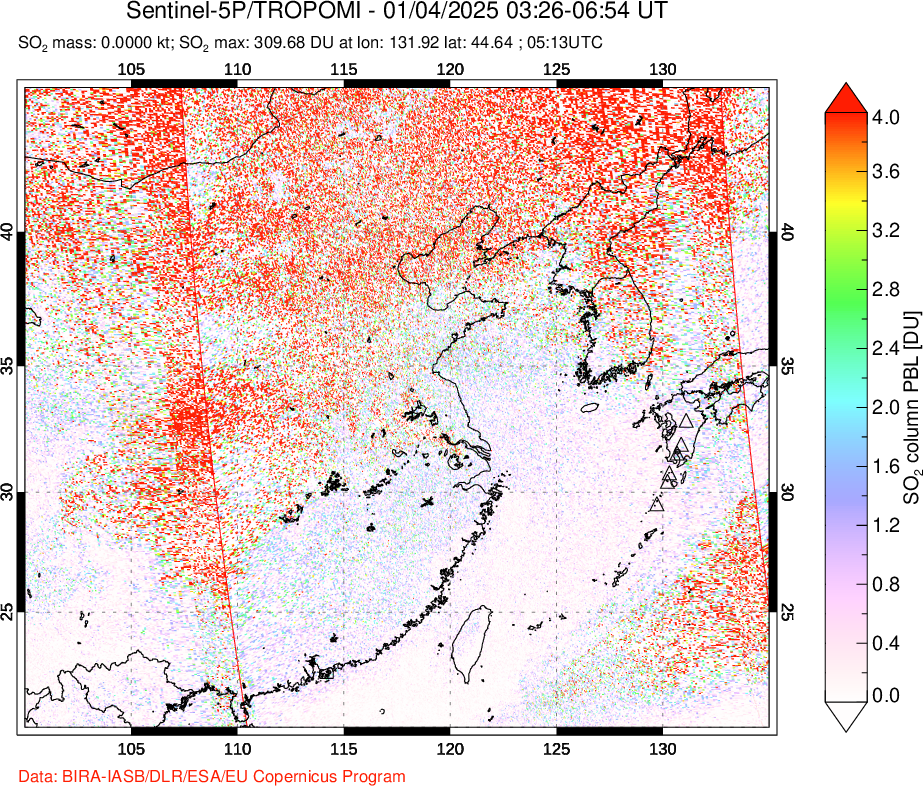 A sulfur dioxide image over Eastern China on Jan 04, 2025.