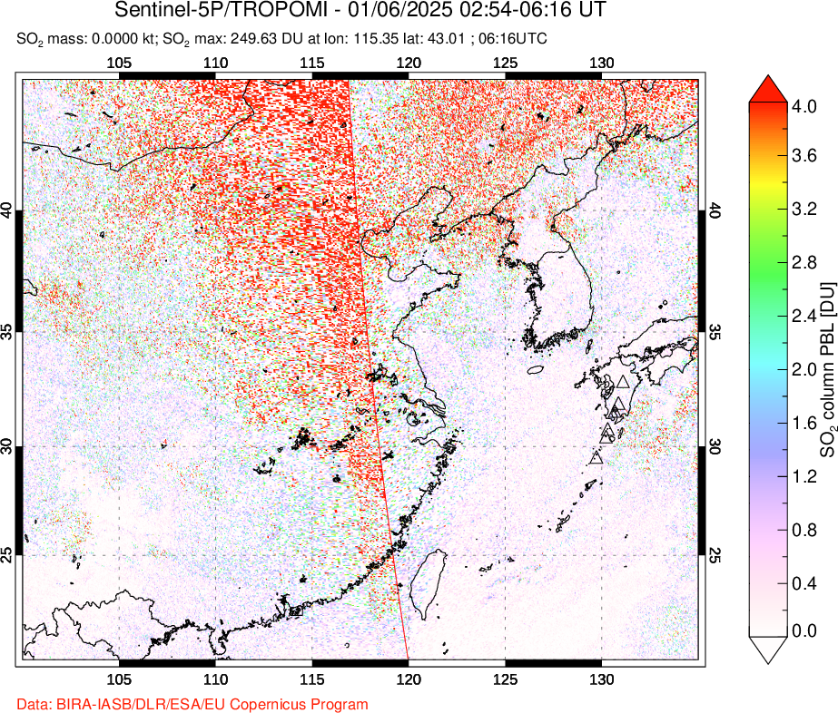 A sulfur dioxide image over Eastern China on Jan 06, 2025.