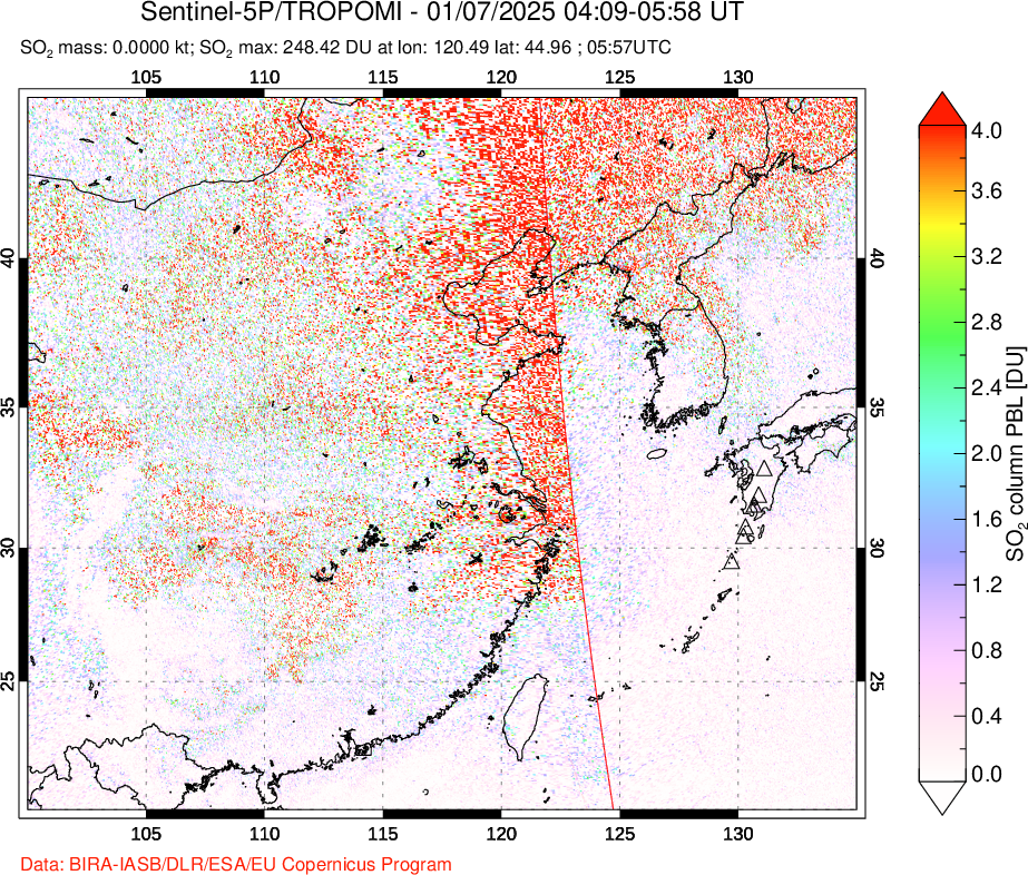 A sulfur dioxide image over Eastern China on Jan 07, 2025.