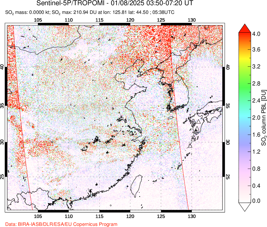 A sulfur dioxide image over Eastern China on Jan 08, 2025.