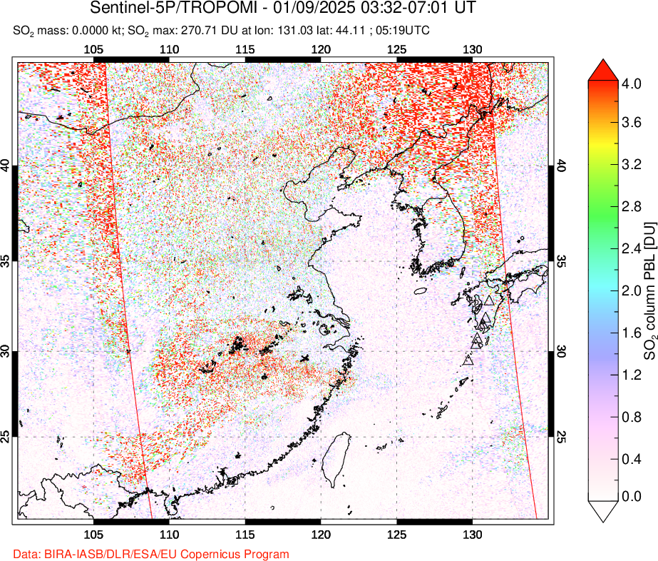 A sulfur dioxide image over Eastern China on Jan 09, 2025.