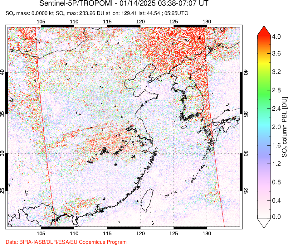 A sulfur dioxide image over Eastern China on Jan 14, 2025.