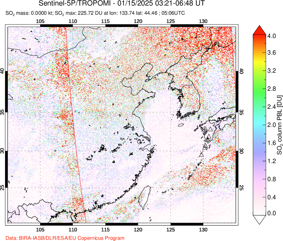 A sulfur dioxide image over Eastern China on Jan 15, 2025.