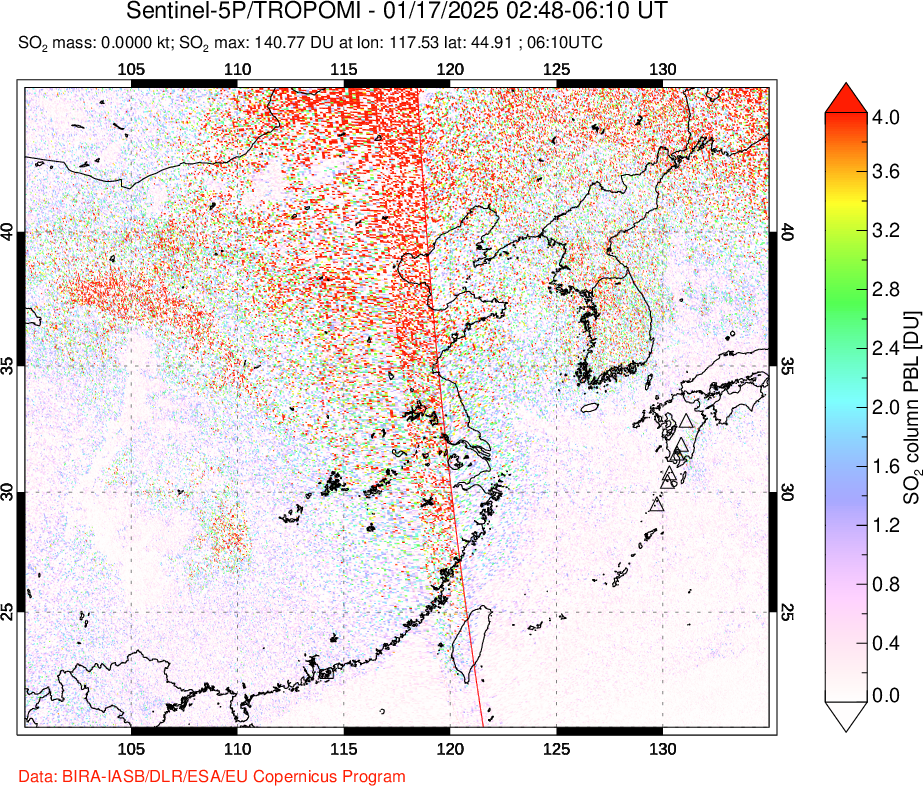 A sulfur dioxide image over Eastern China on Jan 17, 2025.