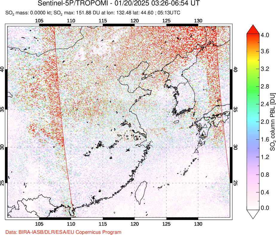 A sulfur dioxide image over Eastern China on Jan 20, 2025.