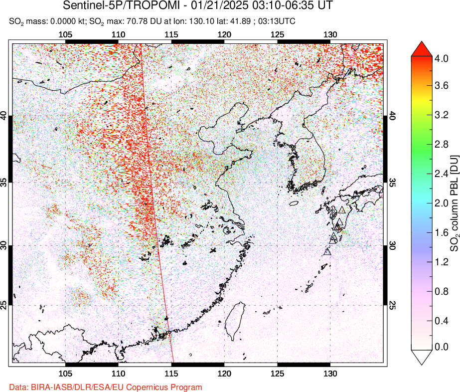 A sulfur dioxide image over Eastern China on Jan 21, 2025.