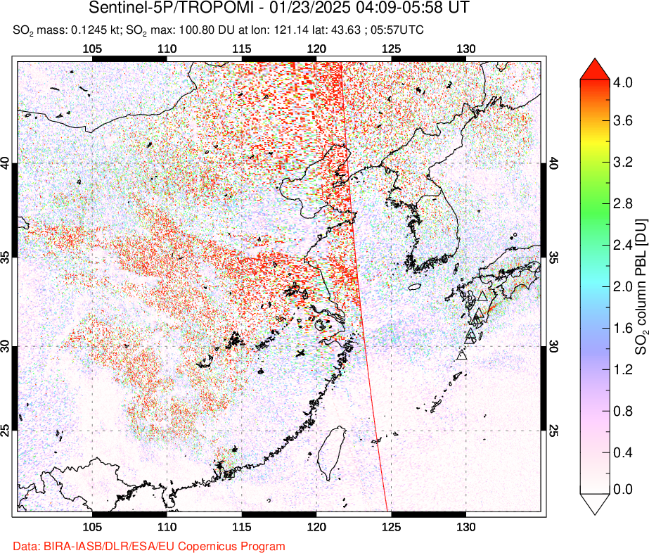 A sulfur dioxide image over Eastern China on Jan 23, 2025.