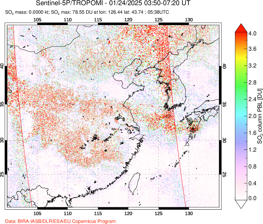 A sulfur dioxide image over Eastern China on Jan 24, 2025.