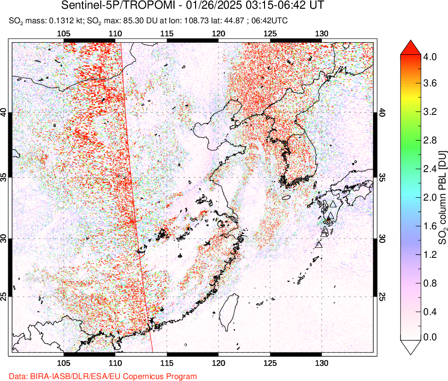 A sulfur dioxide image over Eastern China on Jan 26, 2025.