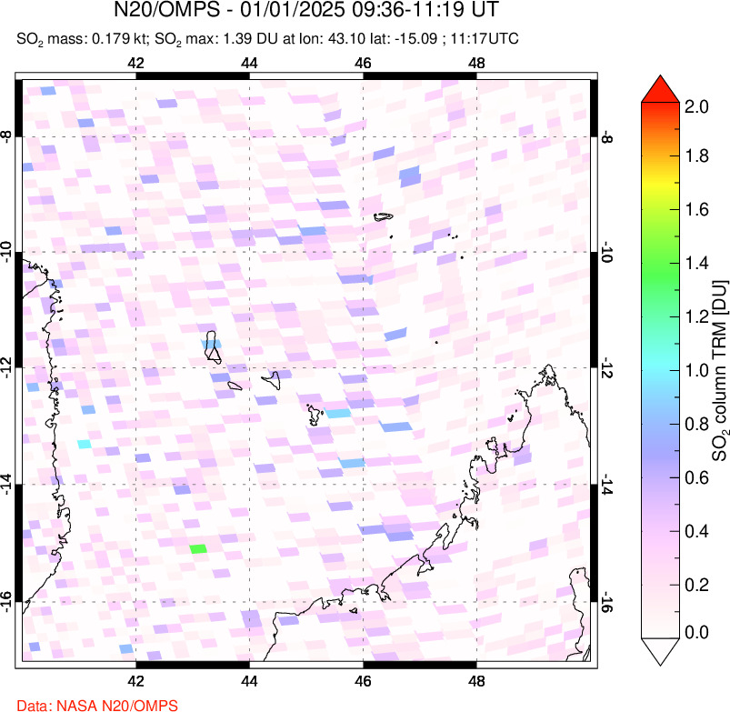 A sulfur dioxide image over Comoro Islands on Jan 01, 2025.