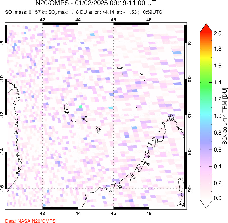 A sulfur dioxide image over Comoro Islands on Jan 02, 2025.