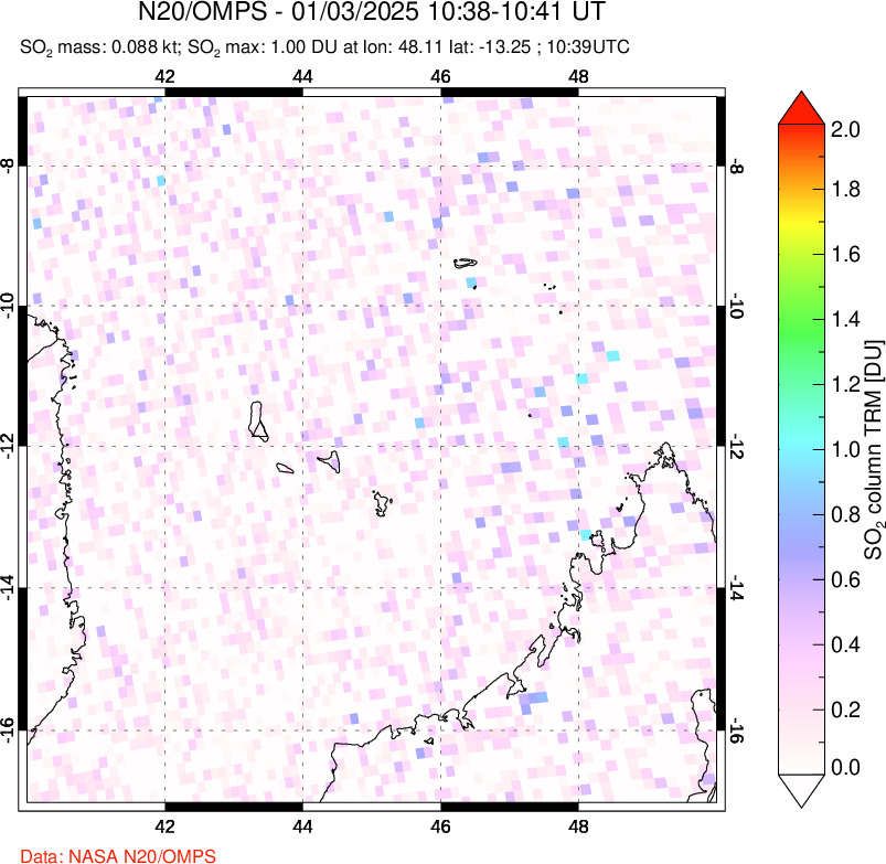 A sulfur dioxide image over Comoro Islands on Jan 03, 2025.