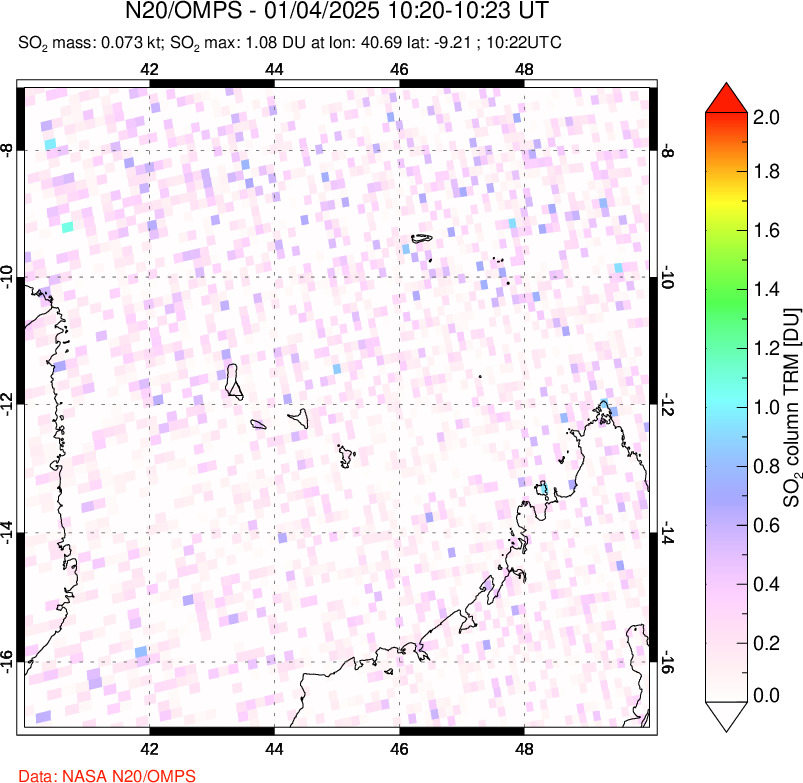 A sulfur dioxide image over Comoro Islands on Jan 04, 2025.