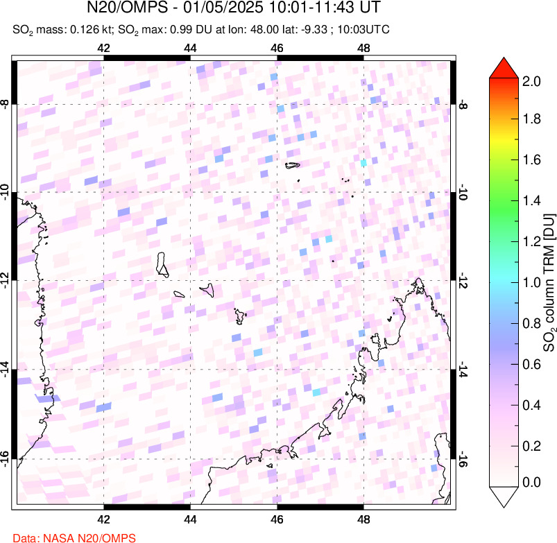 A sulfur dioxide image over Comoro Islands on Jan 05, 2025.