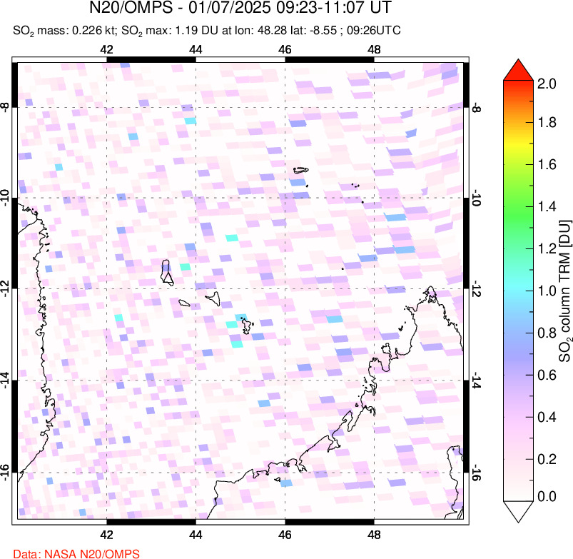 A sulfur dioxide image over Comoro Islands on Jan 07, 2025.