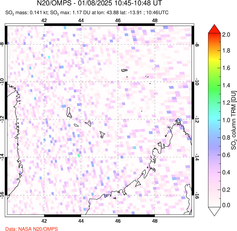 A sulfur dioxide image over Comoro Islands on Jan 08, 2025.