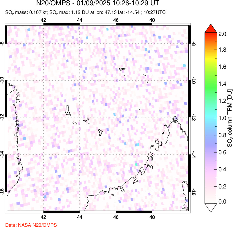 A sulfur dioxide image over Comoro Islands on Jan 09, 2025.