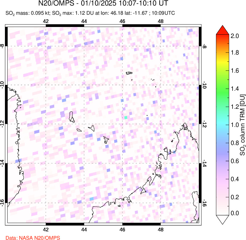 A sulfur dioxide image over Comoro Islands on Jan 10, 2025.